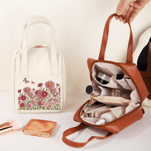 Personalizado Nacimiento Flor Mariposa Gran Capacidad PU Cuero Bolsa de Maquillaje con Nombre Viaje Esenciales Uso Diario Cumpleaños Regalo para Mujeres