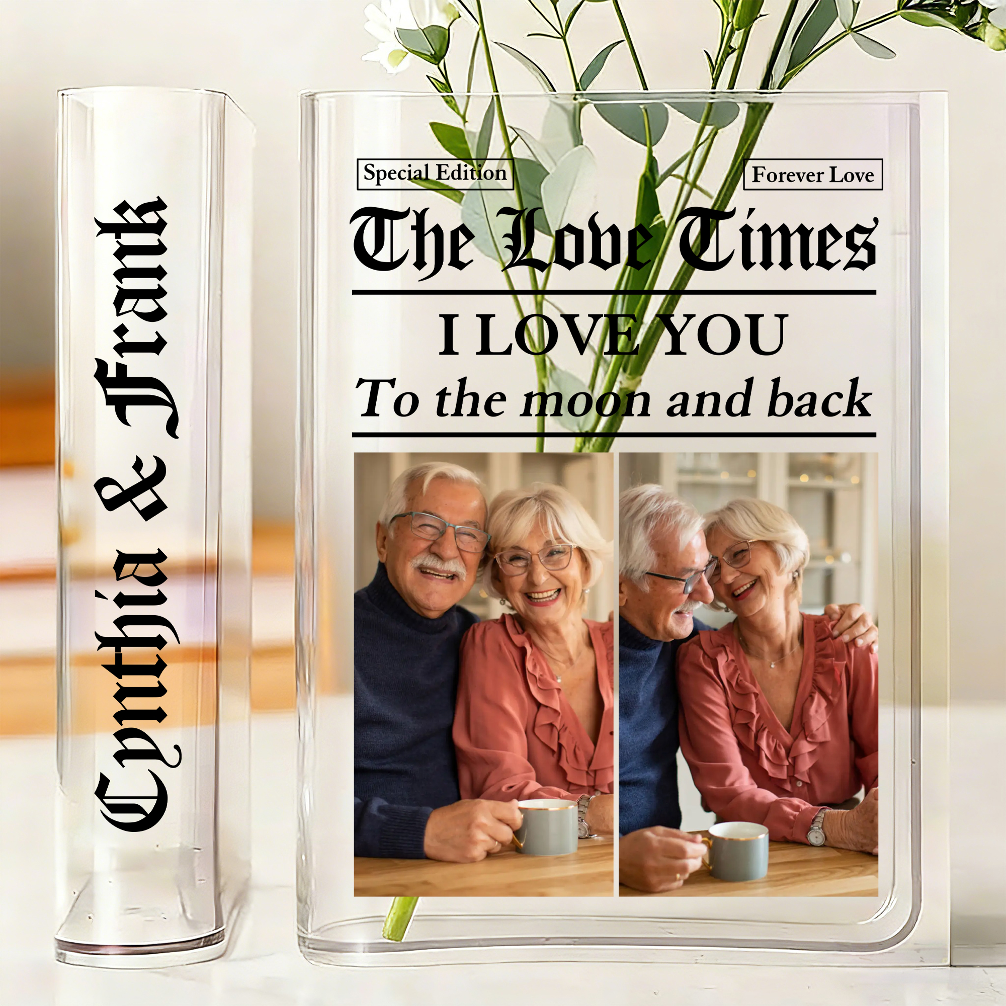 Vaso per libri in acrilico con nome, design fotografico personalizzato, decorazione della libreria, regalo di compleanno per amici e nonni.