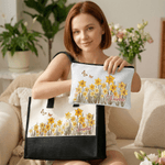 Personalised Birth Flower Large Tote Bag Portable Makeup Bag with Name Birthday Mother's Day Gift for Mom Grandma Family