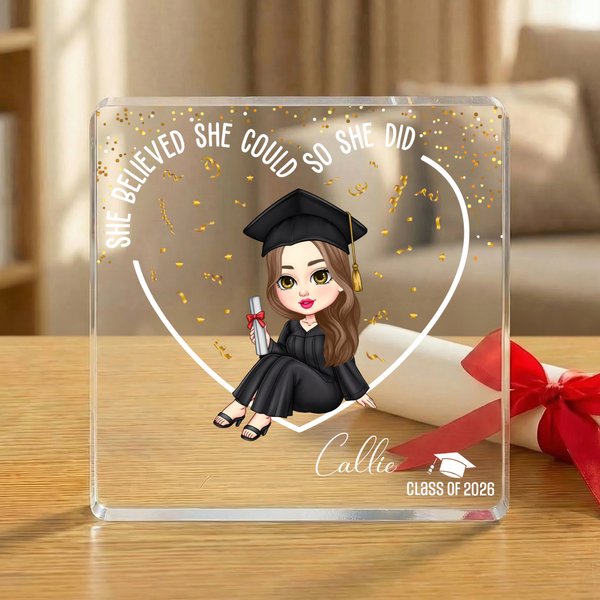 Gepersonaliseerde Afstudeerthema Vierkante Acryl Plaquette met Cartoonfiguur Hart en Naam Bureau Decoratie Cadeau voor Verjaardag en Afstuderen