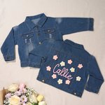Personalised Cute Flowers Kid Long Denim Jacket with Name Daily Life Outfit Birthday Baby Shower Gift for Girls