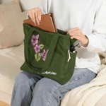 Sac à épaule en velours côtelé personnalisé avec nom et fleur de naissance - Sac de grande capacité - Cadeau d'anniversaire pour les femmes