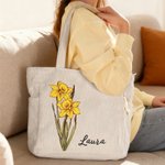Sac à épaule en velours côtelé personnalisé avec nom et fleur de naissance - Sac de grande capacité - Cadeau d'anniversaire pour les femmes