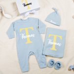 Personalized Initial Floral Design Name 100% Cotton Baby Romper Hat Blanket Outfit with Gift Box Baby Shower  Coming Home Gift for Newborn