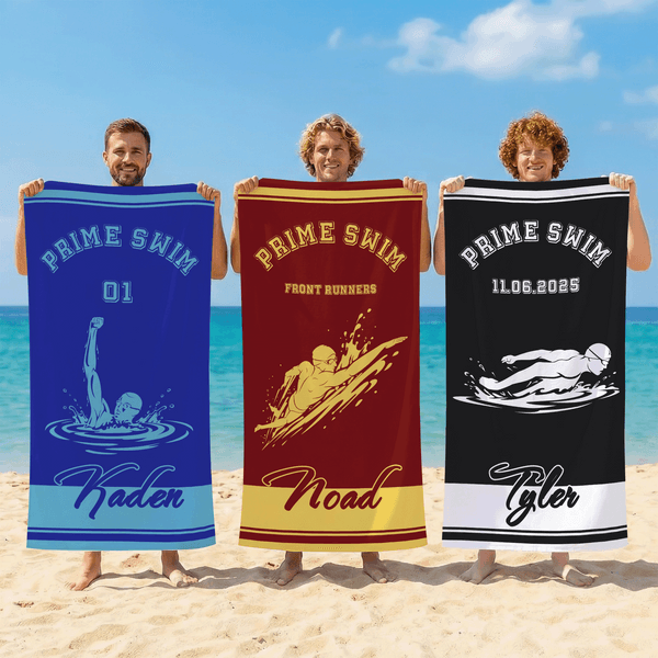 Personalised Multicolor Swimming Silhouette Quick Dry Oversized Beach Towel with Name and Text Training Beach Travel Use Birthday Gift for Swim Lovers