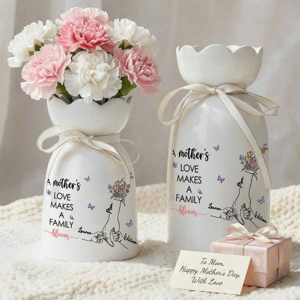 Personalised Hands in Hands Flower Butterfly Ceramic Vase with Names and Text Home Decor Mother's Day Gift for Mom Grandma