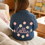 Personalised Cute Flowers Kid Long Denim Jacket with Name Daily Life Outfit Birthday Baby Shower Gift for Girls