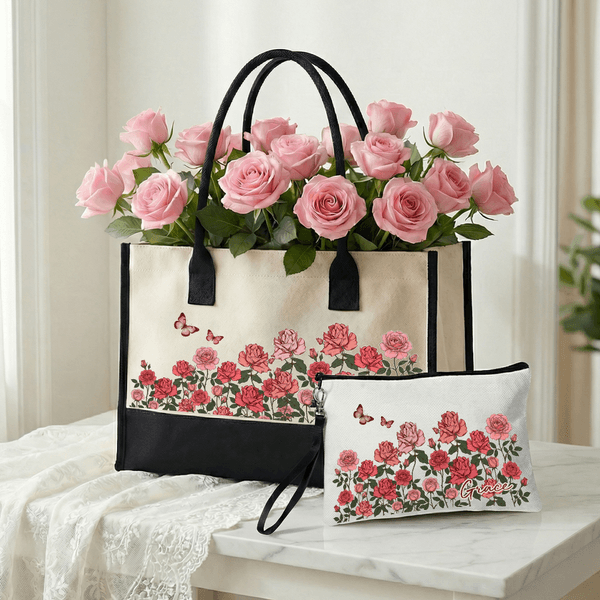 Personalised Birth Flower Large Tote Bag Portable Makeup Bag with Name Birthday Mother's Day Gift for Mom Grandma Family