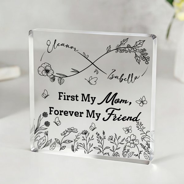 Personalised Infinity Birth Flowers Clear Square Acrylic Plaque with Names Desk Decor Mother's Day Birthday Gift for Mom