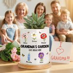 Personalised Cartoon Birth Flower Butterfly Ceramic Planter Pot with Names Text and Bamboo Tray Daily Use Mother's Day Gift for Mom Grandma