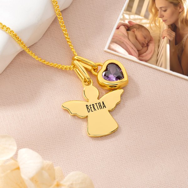 Personligt skyddsängelhalsband med födelsesten och namn Smycken Mors dag Födelsedagspresent för kvinnor Familj Vänner