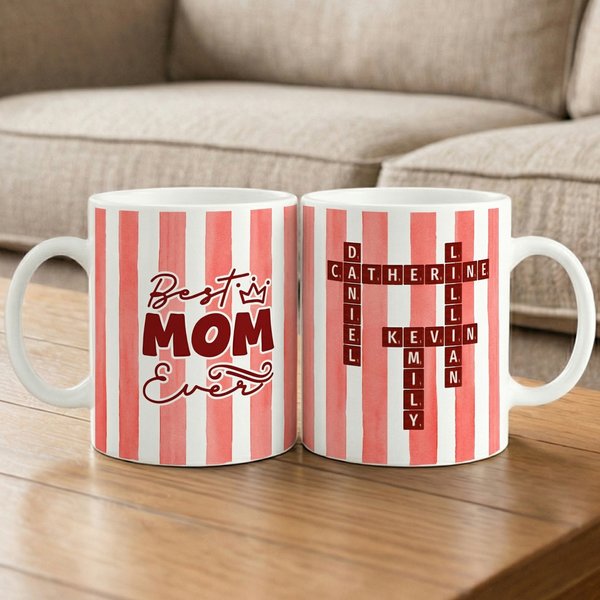Personalised Funny Scrabble Names Crossword Puzzle Striped 11/15 oz Ceramic Mug with Title Daily Use Mother's Day Gift for Mom Grandma
