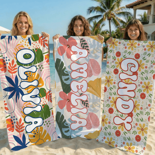 Personalized Retro Groovy Floral Quick Dry Oversized Microfiber Beach Towel with Name Summer Vacation Birthday Gift for Kid Family