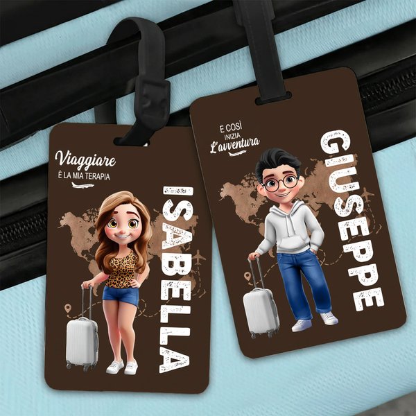Etichetta per bagagli personalizzata con nome e personaggio animato, accessori da viaggio - Regalo di compleanno per amanti dei viaggi in famiglia