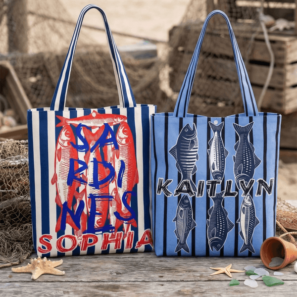 Personalized Sardine Mackerel Flounder Large Capacity Canvas Tote Bag with Name Daily Use Birthday Gift for Fishing Lovers