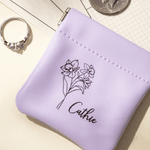Personalised Birth Flower PU Leather Coin Handbag with Name Mother's Day Birthday Anniversary Gift for Women Girls