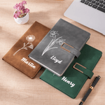 Personalized Line Art Birth Flower A5 PU Leather Notebook with Name Back to School Birthday Office Gift for Family Friend