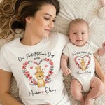 Personalisierter Babybody mit Tierfamilie und Kranz | T-Shirt im Partnerlook wählbar | 100% Baumwolle | mit Namen | Muttertag Geschenk für Babys Mama