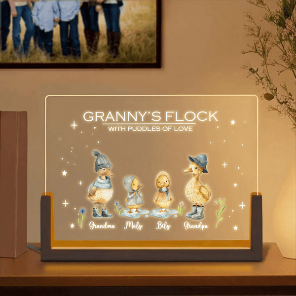 Veilleuse LED Personnalisée Famille Canard Mignon avec Noms et Base en Bois Décoration Maison Fête des Mères Cadeau d'Anniversaire pour Maman Grand-Parent Famille
