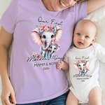 Personalized Elephant Mom Baby 100% Cotton T-shirt Baby Bodysuit with Name and Year Matching Outfit 1st Mother's Day Gift for New Mom
