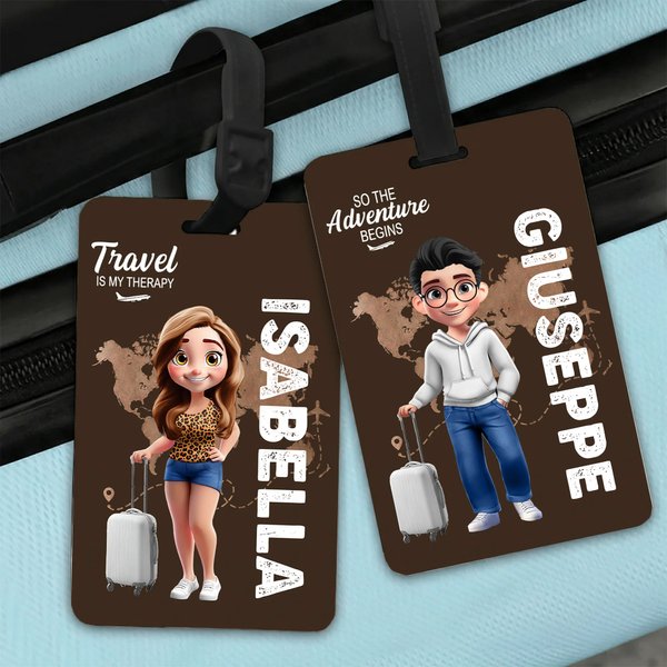 Etichetta per bagagli personalizzata con nome e personaggio animato, accessori da viaggio - Regalo di compleanno per amanti dei viaggi in famiglia