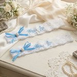 Personalised Lace Bow Flower Butterfly Heart Something Blue Wedding Garter with Embroidered Text Wedding Keepsake Gift for Bride