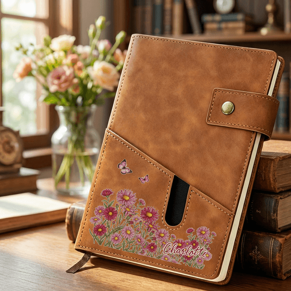 Personalized Birth Flower Name A5 Notebook with Storage Pocket and Lined Pages Daily Essentials Birthday Mother's Day Gift for Office Worker Mom