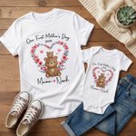 Personalisierter Babybody mit Tierfamilie und Kranz | T-Shirt im Partnerlook wählbar | 100% Baumwolle | mit Namen | Muttertag Geschenk für Babys Mama
