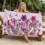Serviette de plage en microfibre surdimensionnée à séchage rapide avec nom et fleur de naissance personnalisée Cadeau de vacances pour la famille et les amis