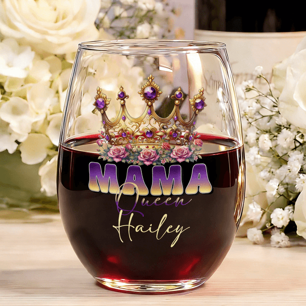 Personalised Mama Queen Floral Crown 15 oz  Stemless Wine with Name Mother's Day Birthday Gift for Women Mom
