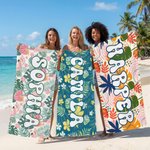 Henkilökohtainen Retro Groovy Floral Quick Dry Ylimitoitettu mikrokuituliinainen rantapyyhe nimellä Kesäloma Syntymäpäivälahja lapselle perheelle