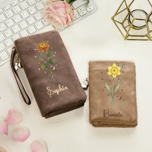Personalized Birth Flower PU Leather Vintage Wallet with Name Birthday Mother's Day Gift for Mother Woman