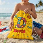 Personalized Cool Hero Comic Design Star Initial Drawstring Beach Backpack with Name Beach Party Birthday Gift for Kids