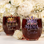 Personalised Mama Queen Floral Crown 15 oz  Stemless Wine with Name Mother's Day Birthday Gift for Women Mom