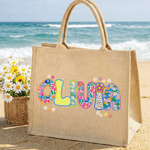 Personalised Floral  Artistic Effect Design Large Jute Bag with Name Daily Use Birthday Gift for Kids Family