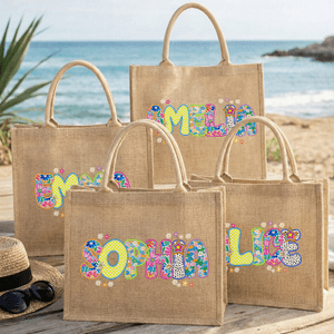 Grand sac en jute avec nom Utilisation quotidienne Cadeau d'anniversaire pour enfants Famille