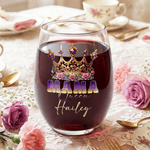 Personalised Mama Queen Floral Crown 15 oz  Stemless Wine with Name Mother's Day Birthday Gift for Women Mom