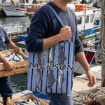 Personalized Sardine Mackerel Flounder Large Capacity Canvas Tote Bag with Name Daily Use Birthday Gift for Fishing Lovers
