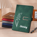 Personalized Line Art Birth Flower A5 PU Leather Notebook with Name Back to School Birthday Office Gift for Family Friend