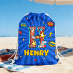 Personalized Cool Hero Comic Design Star Initial Drawstring Beach Backpack with Name Beach Party Birthday Gift for Kids