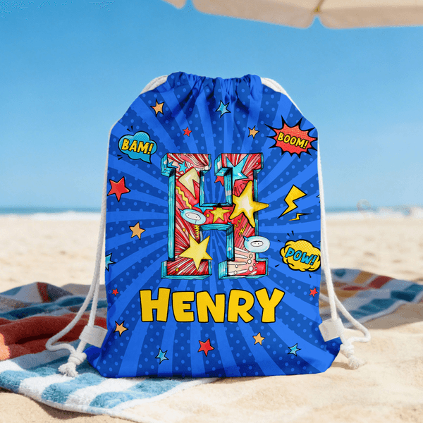 Personalized Cool Hero Comic Design Star Initial Drawstring Beach Backpack with Name Beach Party Birthday Gift for Kids