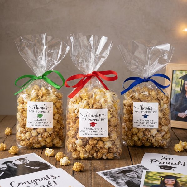 Personalized Graduation Theme Ribbon Transparent Popcorn Favor Bag with Name and Year Party Favors for Class of 2026 Graduates