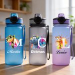 Personalised Initial Cute Animal 17 oz Kid Name Water Bottle with Silicone Straw Back to School Daily Use Children's Day Birthday Gift for Boy Girl