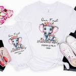 Personalized Elephant Mom Baby 100% Cotton T-shirt Baby Bodysuit with Name and Year Matching Outfit 1st Mother's Day Gift for New Mom