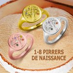 Bague chevalière en argent sterling personnalisée avec 1-8 pierres de naissance dans arbre généalogique - Cadeau anniversaire fête de Mère pour maman