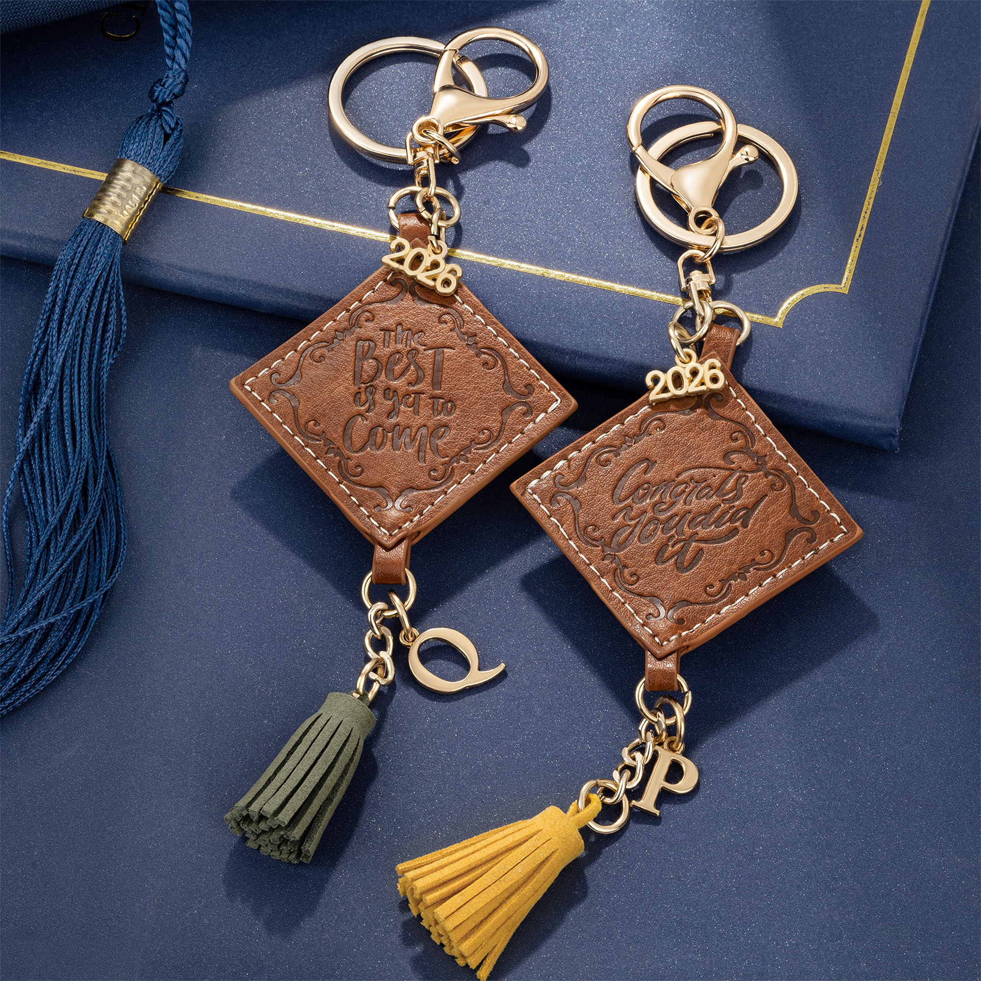 Personalised Brown PU Leather Graduation Cap Keychain with Initial and ...