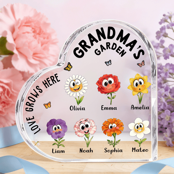 Personalised Cute 1-16 Birth Flowers Heart-Shaped Acrylic Plaque with Title and Name Anniversary Mother's Day Gift for Moms Kids