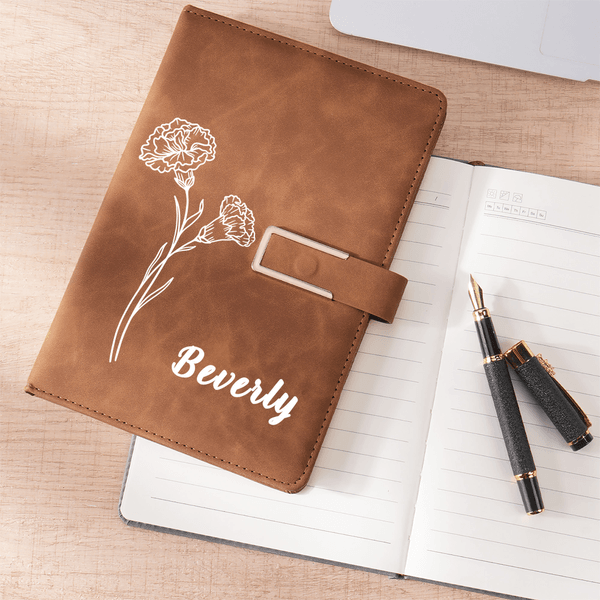 Personalized Line Art Birth Flower A5 PU Leather Notebook with Name Back to School Birthday Office Gift for Family Friend