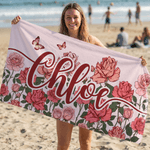 Serviette de plage en microfibre surdimensionnée à séchage rapide avec nom et fleur de naissance personnalisée Cadeau de vacances pour la famille et les amis