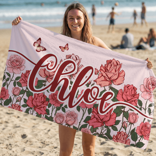 Serviette de plage en microfibre surdimensionnée à séchage rapide avec nom et fleur de naissance personnalisée Cadeau de vacances pour la famille et les amis